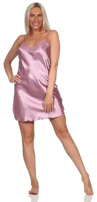 Produktbild von Damen Negligé Satin Nachtkleid Reizwäsche mit Spitze; Heide/M/38