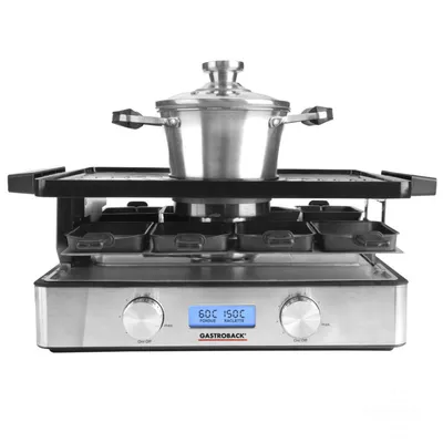 Zdjęcie produktu dla Gastroback Design Raclette-Fondue Advanced Plus, 9 os., Stal nierdzewna, Czarny, Stal nierdzewna, Prostokątny, Obrotowy, 1,55 m