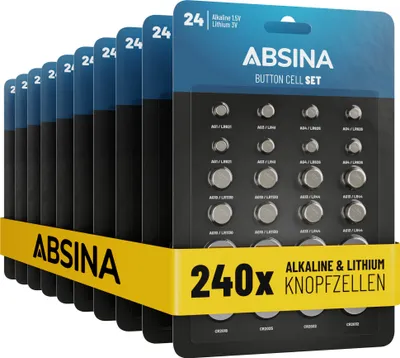 Produktbild von ABSINA 10x 24er Pack Alkaline & Lithium Knopfzellen, AG1 AG3 AG4 AG10 AG13 CR2016 CR2025 CR2032, Knopfzelle Sortiment 1,5V & 3V