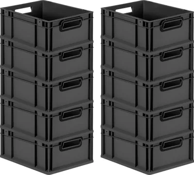 Produktbild von SuperSparSet 10x Eurobox NextGen Color | HxBxT 17x30x40cm | 16 Liter | Griffe schwarz offen | Glatter Boden | Schwarz | Eurobehälter, Transportbox, Transportbehälter, Stapelbehälter
