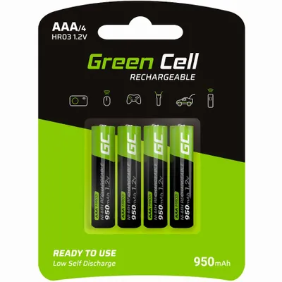 Produktbild von Green Cell 950mAh 1.2V 4 Stck Vorgeladene NI-MH AAA-Akkus - Akkubatterien AAA/Micro, sofort einsatzbereit, Starke Leistung, geringe Selbstentladung, wiederaufladbare Akku Batterie, ohne Memory-Effekt