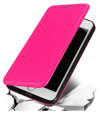 A pink flip case for a smartphone is shown with the cover partially open, revealing the phone screen. The case is positioned on a cracked surface, suggesting protection against drops.