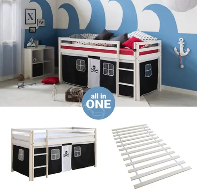 Produktbild von Homestyle4u Hochbett 90x200 mit Lattenrost Vorhang schwarz Kinderbett Weiß Holz Kiefer Massiv Jugendbett