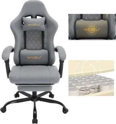 Produktbild von WOLTU Gaming Stuhl mit Massagefunktion, Taschenfederkissen, ergonomisch, Netzstoff, Grau