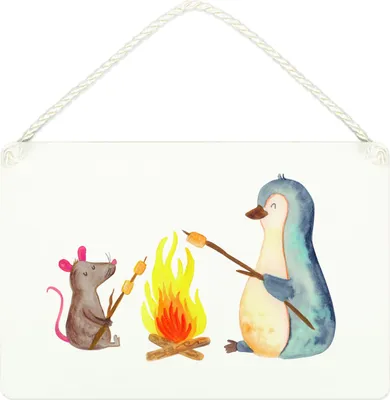 Produktbild von Mr. & Mrs. Panda Schild Pinguin Lagerfeuer DIN A4 - Weiß - Geschenk, holzbild, Holzschild, Maus, kleine aufmerksamkeit, Türschild, Wandbild Holz, Grillen, Liebe, Arbeit