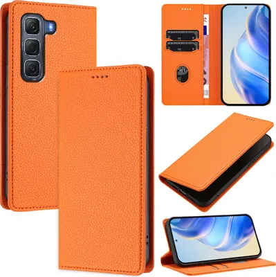 Produktbild von Litchi Leder Handyhülle für Infinix Hot 60 Pro Wallet Kartenfächer Standfunktion Hülle Orange