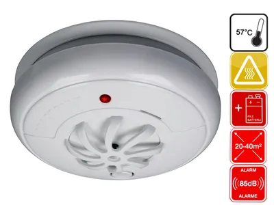 A white smoke detector is shown against a white background, with several icons and text indicating its features and specifications.