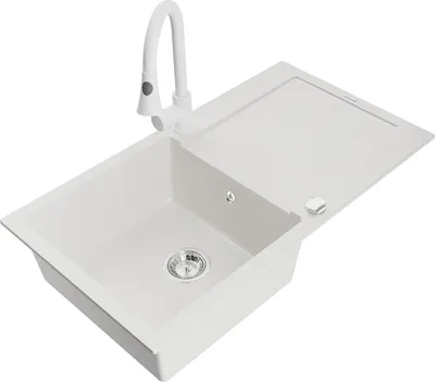 Immagine prodotto di Mexen Leo lavello in granito 1-vasca con sgocciolatoio e rubinetto da cucina Elia, bianco - 6501-20-670101-20