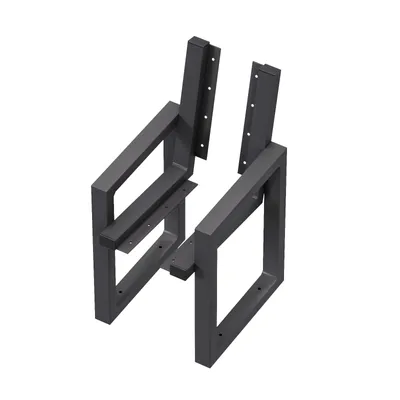 A pair of black metal bench legs shown from a slightly elevated angle against a white background.