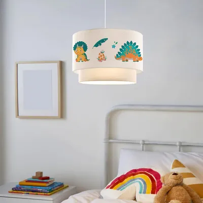Produktbild von Kinder-Hängeleuchte 'Lurgan' höhenverstellbar mit Dinosaurier-Motiv Stoffschirm Weiß