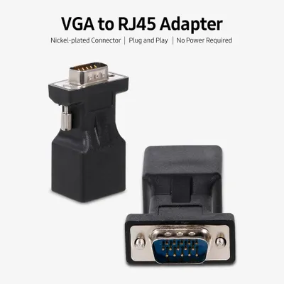 Zdjęcie produktu dla Zestaw 2 sztuk adapterów VGA na RJ45 – adaptery z wtykiem VGA męskim na RJ45, konwertery portów Ethernet, adaptery do kabli sieciowych CAT5e i CAT6