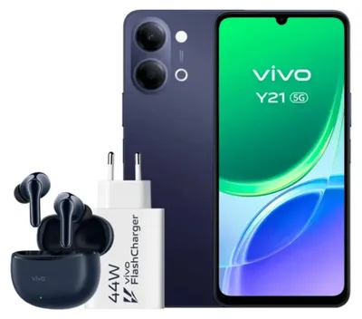 Productafbeelding van VIVO Y21 5G, 4GB (+4GB), 256GB, zwart. Inclusief oplader en oortjes.