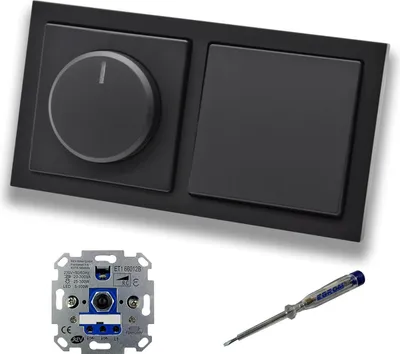 Produktbild von REV Ritter LED Drehdimmer Dimmer + Busch Jäger Dimmerscheibe 6540-885-102 und Lichttaster 2020 US in Future Linear schwarz matt inklusive EBROM Phasenprüfer zur Montage der Geräte ET1 66012B