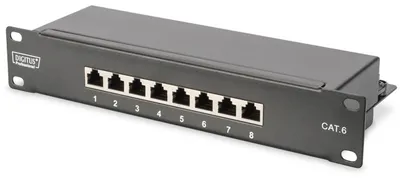 Zdjęcie produktu dla Digitus Panel krosowy (patch panel) 10'' 8x RJ45, LSA poziom, kat.6, ekranowany, 1U, czarny, prowadnica kabli, RJ-45, Montaż półkowy, 1U, Czarny, UL, 180 mm