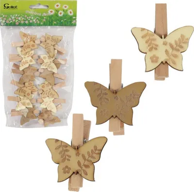 Zdjęcie produktu dla Drewniane Klamry Dekoracyjne w Kształcie Motyli - 12 Sztuk, 4,5 cm, Wielkanoc, Wiosna