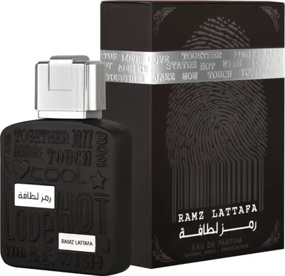 A black perfume bottle and its packaging are displayed against a white background.