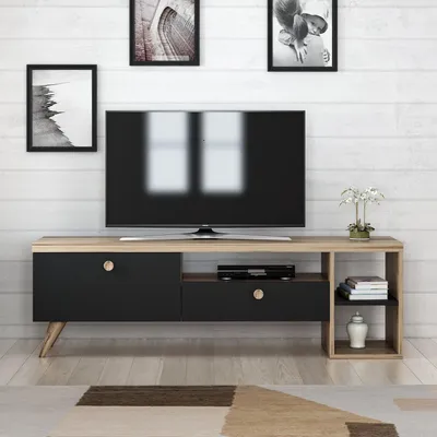 Obrázek produktu pro Skye Decor, moderní TV stolek, 150 x 47 x 35 cm, černá a dub | 100% melaminem potažená dřevotřísková deska, tloušťka 18 mm | Možnost montáže na zeď, řada polic, elegantní design.
