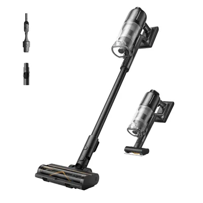 A cordless stick vacuum cleaner and its accessories are displayed against a white background.