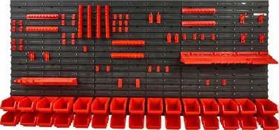 Immagine prodotto di SucceBuy contenitori a muro, organizzatore di scaffali per pezzi di ricambio con 30 contenitori e pannelli a muro, portautensili e ganci, organizzatore di utensili da garage in plastica per dadi, bulloni, viti, chiodi, perline, bottoni, nero e rosso