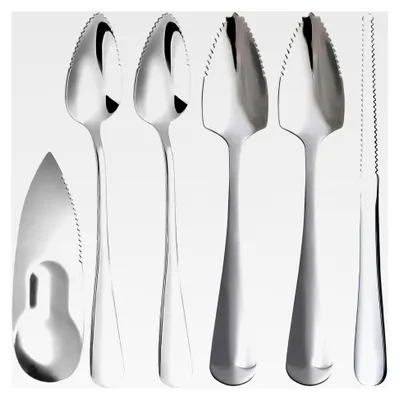 Produktbild von Grapefruit Löffel Set, 6-teiliges Küchenutensilien-Set mit 2 Grapefruit Löffeln, 2 Kiwi Löffeln, 1 Grapefruitmesser und 1 Schneidewerkzeug, geeignet für Zitrusfrüchte und Desserts