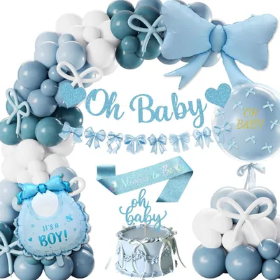Produktbild von Babyparty Deko Junge Blau Weiß Set mit Ballons, Girlande, Schärpe & Tortendeko