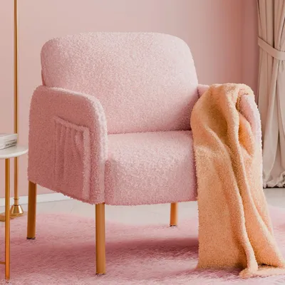 Productafbeelding van Comfortabele accentstoel met opbergzak en metalen poten, geschikt voor woonkamer en slaapkamer - Roze