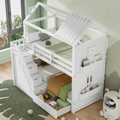 Image de Lit superposé pour enfants, 90x200cm, lit d'enfant, lit avec escalier d'angle, lit d'enfant avec 4 casiers dans l'escalier, lit superposé, blanc
