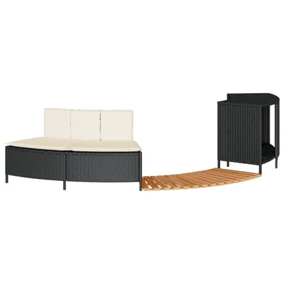 A black rattan sofa with beige cushions and a curved wooden deck is displayed against a white background.
