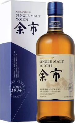 A bottle of Nikka Whisky Single Malt Yoichi and its accompanying gift box.