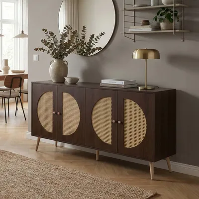Zdjęcie produktu dla Kredens HWC-P49, szafka komoda z drzwiami, kredens, schowki, polirattan MDF melamina 80x160x40cm ~ wygląd orzechowy