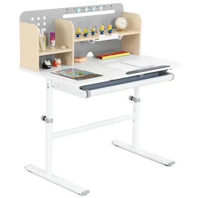 Produktbild von JOYLDIAS Kids-Schreibtisch wächst mit: Kurbel-Höhenverstellung, kippbare Platte, Regal & Schubladen, kindersicher, 100x60cm,weiß und grau