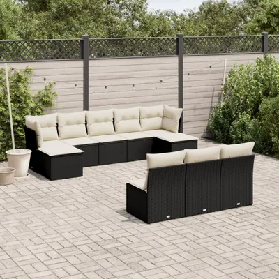 Produktbild von Design 10-tlg. Garten-Sofagarnitur mit Kissen Schwarz Poly Rattan, Gartenmöbel-Sets 2024 Neu