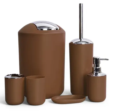 Produktbild von 6tlg Badset Badezimmer Zubehör Set Organizer: (Braun Design 2) Seifenspender, Zahnputzbecher, Kosmetikeimer, WC Bürste, Seifenschale, Mülleimer