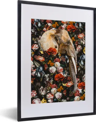 Produktbild von MuchoWow® MuchoWow® Gerahmtes Poster Elefant - Blumen - Illustration 30x40 cm - Poster mit zchwarzem Bilderrahmen - Wandposter Schlafzimmer