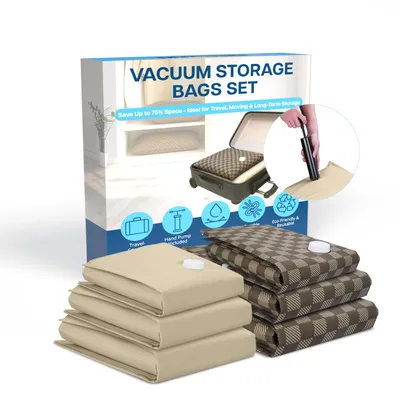 Produktbild von Robuste Vakuumbeutel für Kleidung & Reisen – 6er Pack – mit Handpumpe – Braun