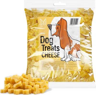 A bag of dog treats with a cartoon dog illustration.