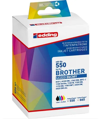 Produktbild von Edding EDD-477 Tintenpatronen Multipack, schwarz, cyan, magenta, yellow kompatibel zu Brother LC223BK/C/M/Y, Schwarz, Cyan, Magenta, Gelb, 13 ml, 8 ml, 4 Stück(e), 550 Seiten, Multipack