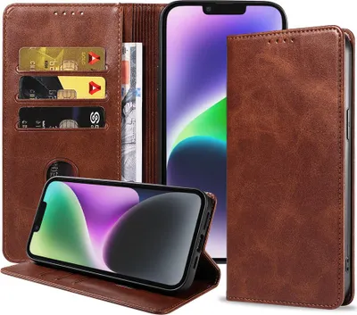 Produktbild von Smartphonica iPhone 14 Plus Kunstledertasche mit Magnetverschluss und Kartenhaltern Buchhülle - Dunkelbraun