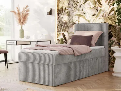 Produktbild von MKS MEBLE Boxspringbett 90x200 TILIANO, Einzelbett mit Multipocket-Matratze, Stauraumbett, gepolstert Kopfteil - Topper T25 - H3 - Hellgrau Cord - Rechts Seite