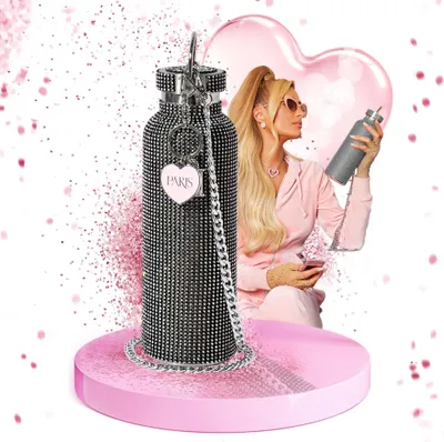 Produktbild von Paris Hilton  schwarze Glitzer-Trinkflasche, 750ml mit Edelstahlkörper und Strasssteinen  Wasserflasche mit Metallanhänger und abnehmbarer Tragekette, Ideal für Unterwegs
