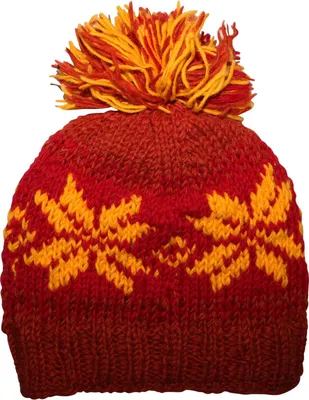Produktbild von Wollmütze mit Bommel und Norwergermuster - orange - rot - gelb - warme Strickmütze - Bommelmütze