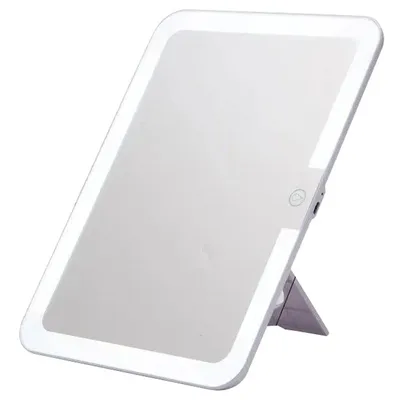 A white LED makeup mirror with a stand is shown against a white background.