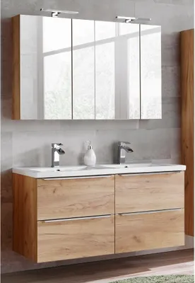 Produktbild von Badmöbel Set mit 2 Spiegelschränken und Doppel-Keramik-Waschtisch TOSKANA-56 Wotaneiche BxHxT ca. 120/190/46cm