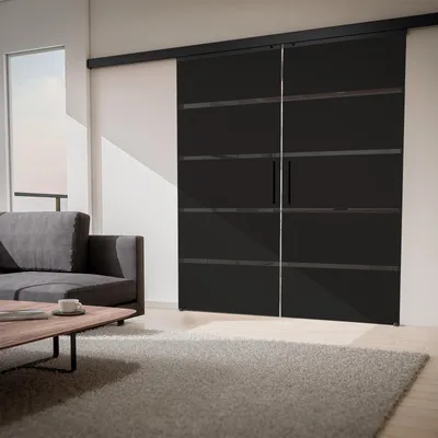 Produktbild von inova Doppelflügelige Glasschiebetür 1800 x 2035 mm, Blockstreifen Schwarz, Komplettset mit Stabgriff, ohne Softclose