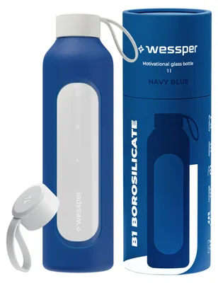 Trinkflasche 1 L Borosilikatglas mit Motivationsskala Blau