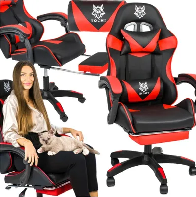 Zdjęcie produktu dla Fotel gamingowy z podnóżkiem victory czarno-czerwony na kółkach wygodny