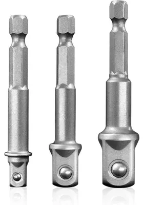 Zdjęcie produktu dla Zestaw adapterów do nasadek 3-częściowy, 1/4", 3/8", 1/2", z sześciokątną końcówką, wykonany ze stali Cr-V, do wiertarki, kolor srebrny