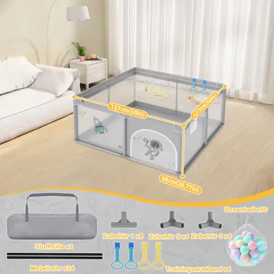 Produktbild von LZQ Laufstall Baby 127x127cm, Laufgitter Baby Absperrgitter mit Atmungsaktivem Netz und Reißverschlusstür, Kinder Sicherheitsspielplatz, Rutschfest Baby Playpen, Grau mit Astronautenmotiven