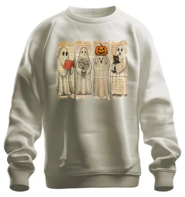 Productafbeelding van Halloween, vintage ontwerp, krantenprint, schattige pompoen, kat, bloemen, uni sweatshirt, trui, natuur, maat S