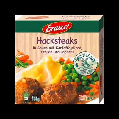 Obrázok produktu pre Erasco 3336710005 Erasco Hacksteaks in Sauce mit Kartoffelpüree, Erbsen und Möhren 1 St.